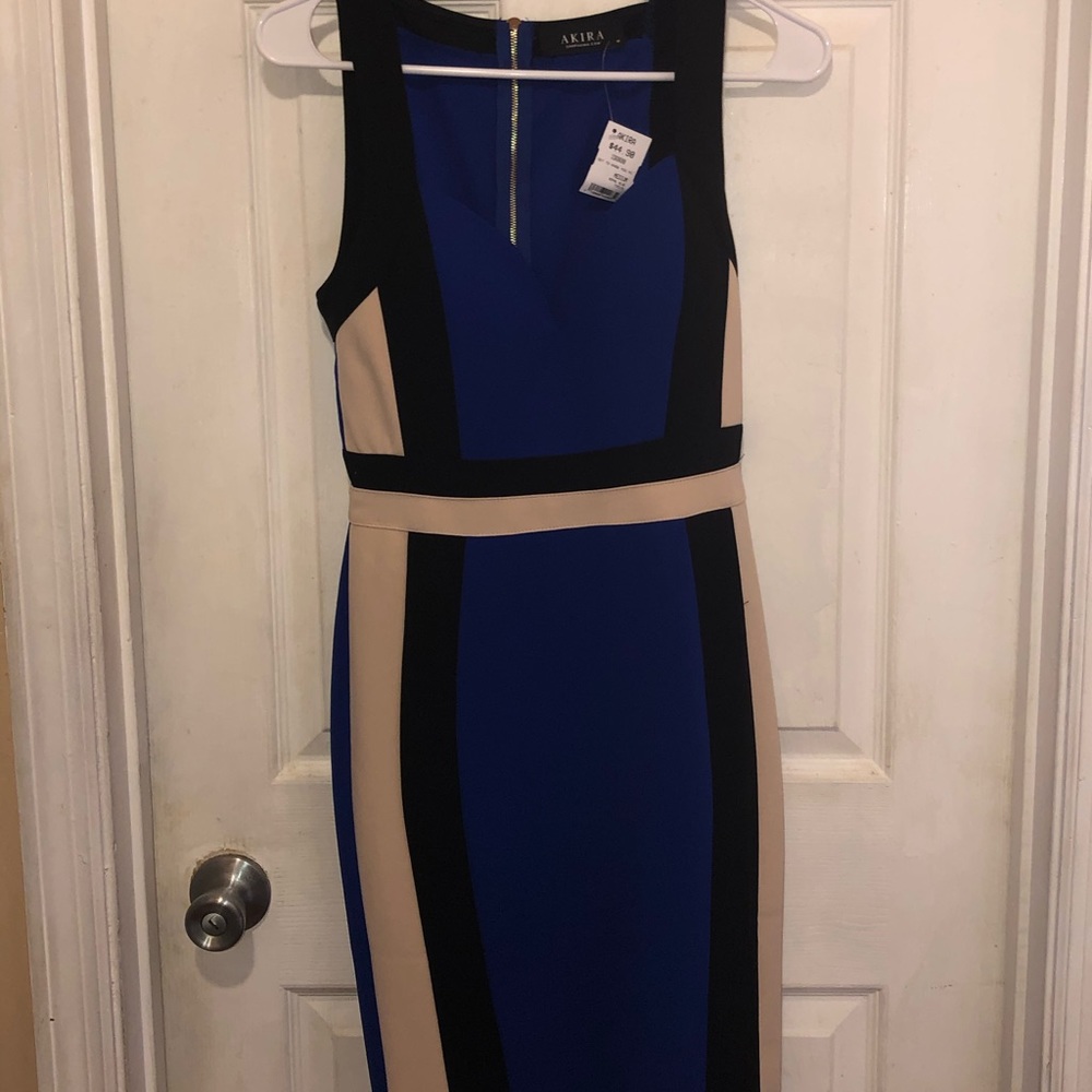 Black, blue and tan dress